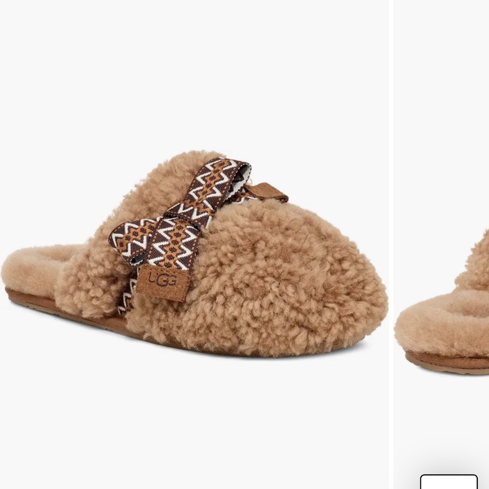 UGG Brown Fuzzy Slippers with Patterned Bow